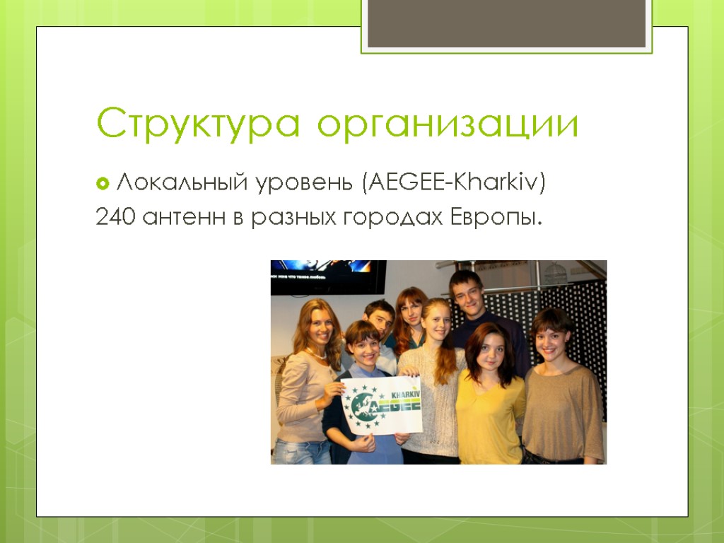 Структура организации Локальный уровень (AEGEE-Kharkiv) 240 антенн в разных городах Европы.